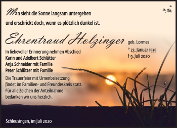 Traueranzeige von Ehrenttraud Holzinger von Südthüringer Presse