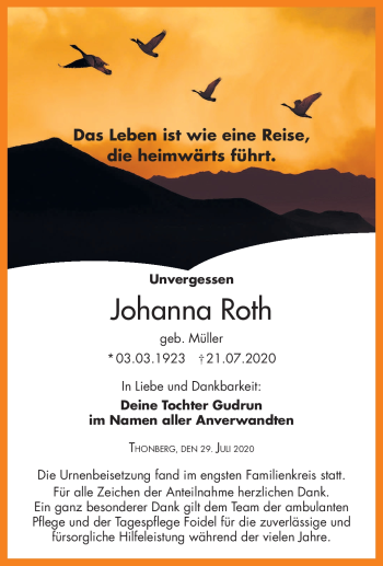 Traueranzeige von Johanna Roth von Neue Presse Coburg