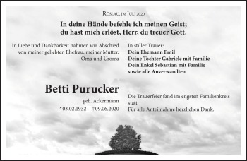 Traueranzeige von Betti Purucker von Frankenpost