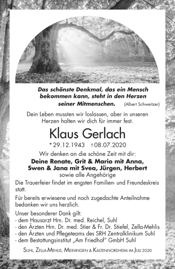 Traueranzeige von Klaus Gerlach von Südthüringer Presse