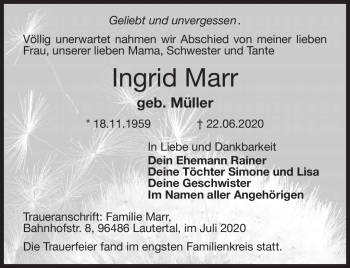 Traueranzeige von Ingrid Marr von Neue Presse Coburg