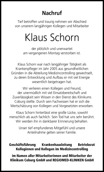 Traueranzeige von Klaus Schorn von Neue Presse Coburg