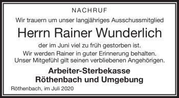 Traueranzeige von Rainer Wunderlich von Frankenpost