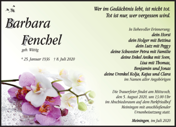 Traueranzeige von Barbara Fenchel von Südthüringer Presse