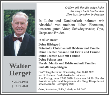 Traueranzeige von Walter Herget von Südthüringer Presse