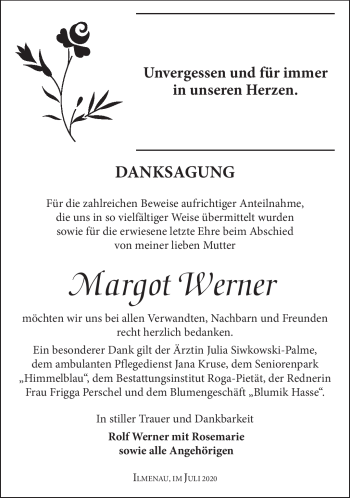 Traueranzeige von Margot Werner von Südthüringer Presse