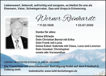 Traueranzeige von Werner Reinhardt von Neue Presse Coburg