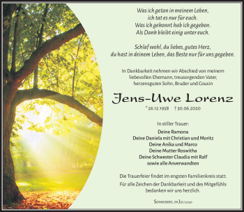 Traueranzeige von Jens-Uwe Lorenz von Südthüringer Presse