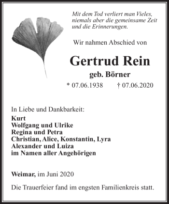 Traueranzeige von Gertrud Rein von Südthüringer Presse