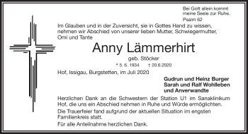 Traueranzeige von Anny Lämmerhirt von Frankenpost