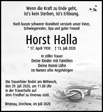 Traueranzeige von Horst Halla von Südthüringer Presse