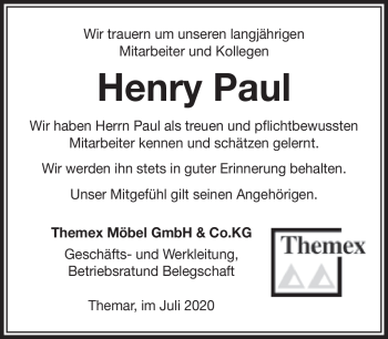 Traueranzeige von Henry Paul von Südthüringer Presse