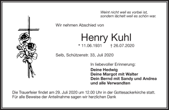 Traueranzeige von Henry Kuhl von Frankenpost
