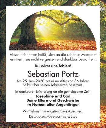 Traueranzeige von Sebastian Portz von Südthüringer Presse