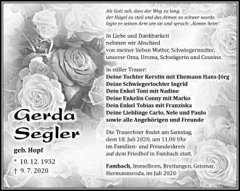 Traueranzeige von Gerda Segler von Südthüringer Presse