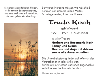 Traueranzeige von Trude Koch von Südthüringer Presse