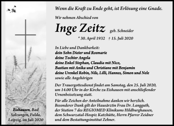 Traueranzeige von Inge Zeitz von Südthüringer Presse