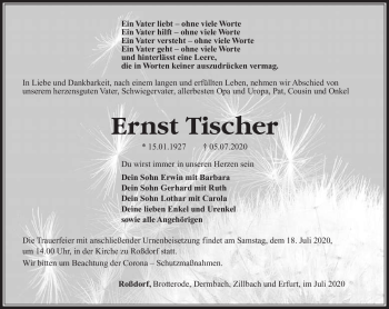 Traueranzeige von Ernst Tischer von Südthüringer Presse