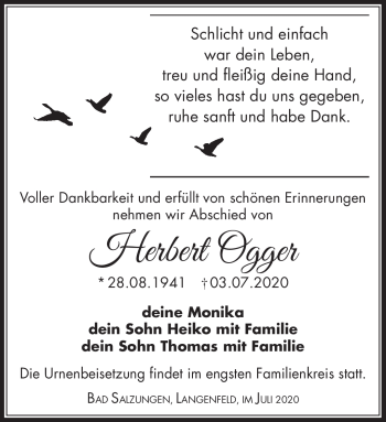 Traueranzeige von Herbert Ogger von Südthüringer Presse