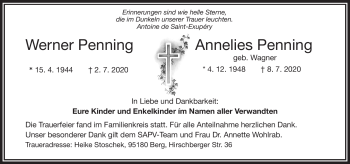 Traueranzeige von AnneliesWerner PenningPenning von Frankenpost