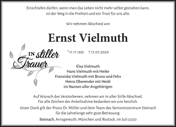 Traueranzeige von Ernst Vielmuth von Südthüringer Presse