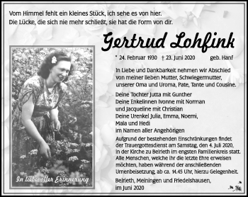 Traueranzeige von Gertrud Lohfink von Südthüringer Presse
