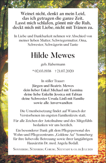 Traueranzeige von Hilde Mewes von Südthüringer Presse