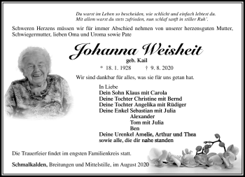 Traueranzeige von Johanna Weisheit von Südthüringer Presse