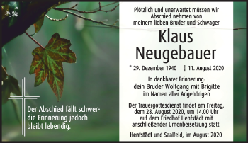 Traueranzeige von Klaus Neugebauer von Südthüringer Presse