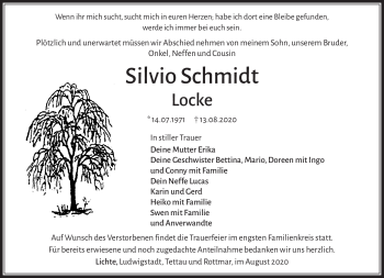 Traueranzeige von Silvio Schmidt von Südthüringer Presse