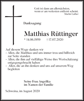 Traueranzeige von Matthias Rüttinger von Südthüringer Presse