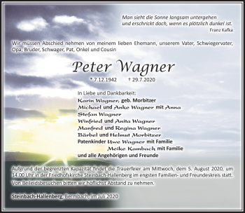 Traueranzeige von Peter Wagner von Südthüringer Presse