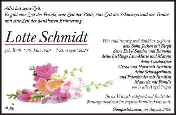 Traueranzeige von Lotte Schmidt von Südthüringer Presse