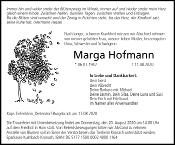 Traueranzeige von Marga Hofmann von Neue Presse Coburg