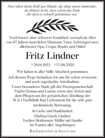 Traueranzeige von Fritz Lindner von Südthüringer Presse