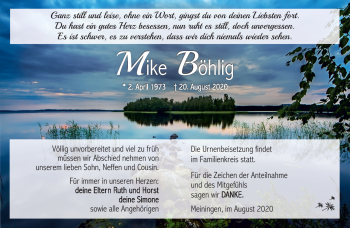 Traueranzeige von Mike Böhlig von Südthüringer Presse