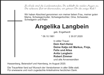 Traueranzeige von Angelika Langbein von Neue Presse Coburg