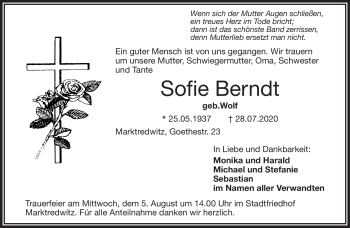 Traueranzeige von Sofie Berndt von Frankenpost