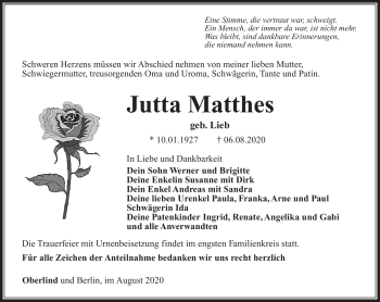 Traueranzeige von Jutta Matthes von Südthüringer Presse