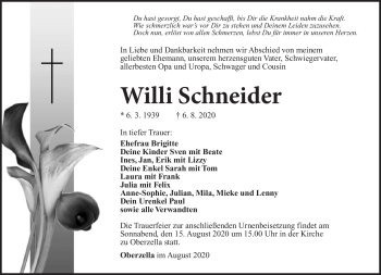 Traueranzeige von Willi Schneider von Südthüringer Presse