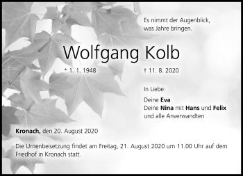 Traueranzeige von Wolfgang Kolb von Neue Presse Coburg