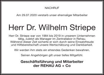 Traueranzeige von Wilhelm Striepe von Frankenpost