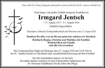 Traueranzeige von Irmgard Jentsch von Frankenpost