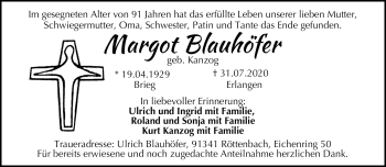 Traueranzeige von Margot Blauhöfer von Neue Presse Coburg