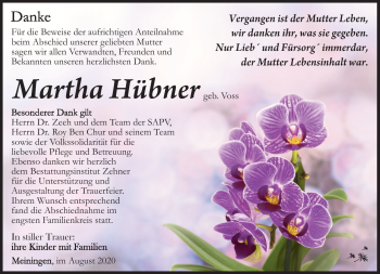 Traueranzeige von Martha Hübner von Südthüringer Presse