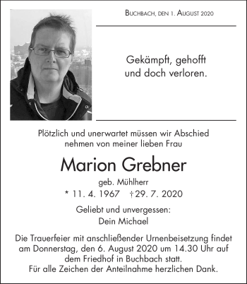 Traueranzeige von Marion Grebner von Neue Presse Coburg