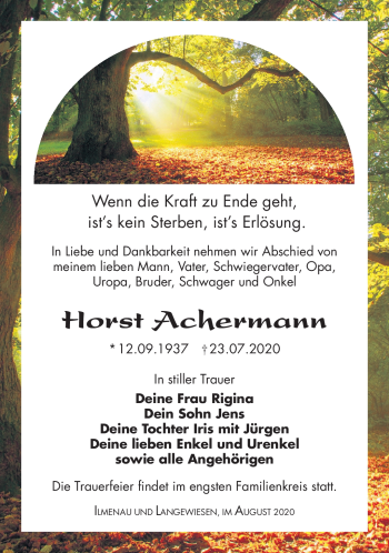 Traueranzeige von Horst Achermann von Südthüringer Presse