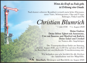 Traueranzeige von Christian Blumrich von Südthüringer Presse
