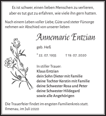 Traueranzeige von Annemarie Entzian von Südthüringer Presse