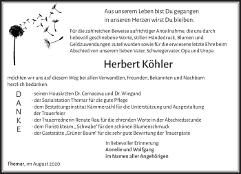 Traueranzeige von Herbert Köhler von Südthüringer Presse